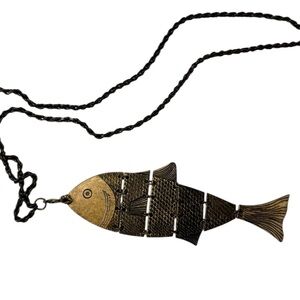 Oversized Fish Pendant Necklace Antique Brass Boho 16” VGUC